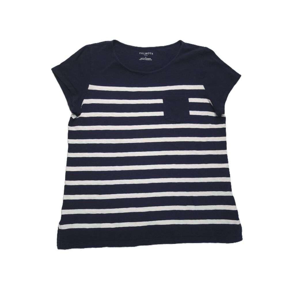 Talbots Pocket T Shirt Women S Navy White Short Sleeve Striped Cotton Top